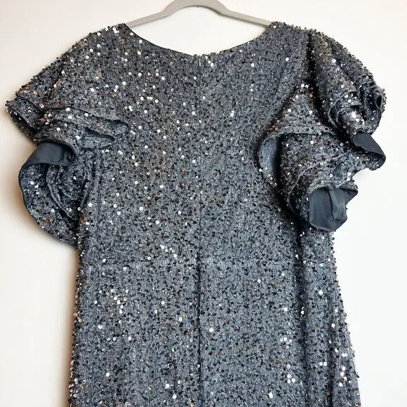 Faeriesty Silver Gray Sequin Formal Gown Bodycon Oversized Ruffle Sleeves Sz 3XL - Picture 6 of 12